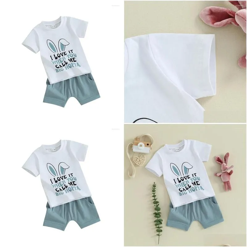 Clothing Sets Toddler Boy Easter 2Pcs Outfit Letter Ear Print Short Sleeve T-Shirt With Elastic Waist Solid Color Shorts