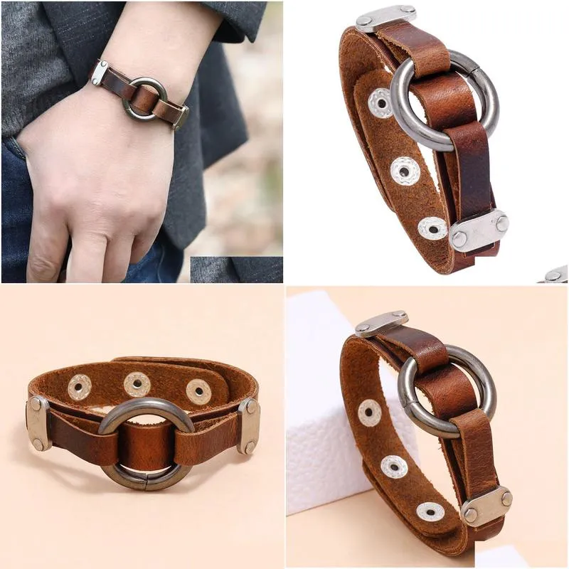 Bangle O Ring Charm Leather Bangle Cuff Button Adjustable Bracelet Wristand For Men Women Fashion Jewelry Drop Delivery Jewelry Brace Dhz8R