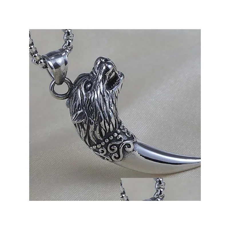 Pendant Necklaces Ancient Sier Head Wolf Tooth Pendant Necklaces Stainless Steel Chain Necklace Women Men Hiphop Fashion Fine Jewelry Dhciw