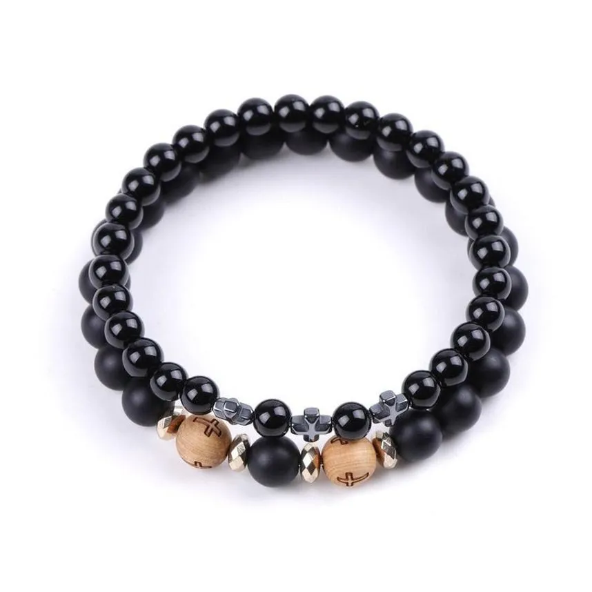 cross wooden beads strands bracelet black agate bracelets bangle cuff for women men fashion jewelry will and sandy