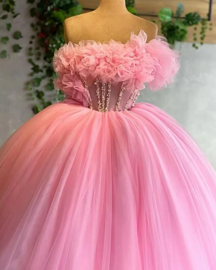 Pink Princess Quinceanera Dresses Sleeves Appliques Strapless Sweet 15 Dress Prom Pageant Gowns Vestidos Floral Ball Gowns YD