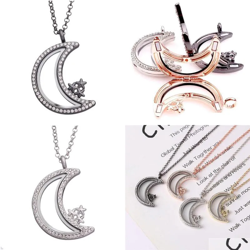 Pendant Necklaces Star Moon Floating Locket Pendant Necklace Crystal Gold Chains Openable Open Living Memory Necklaces Diy Fashion Jew Dhjy3