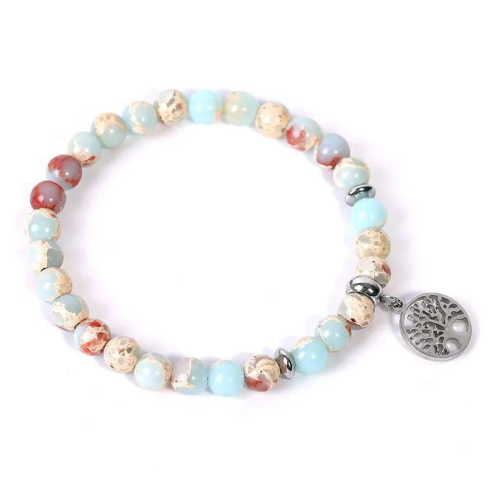 shoushan stone bracelet stainless steel tree of life charm elastic gemstone bead bracelet