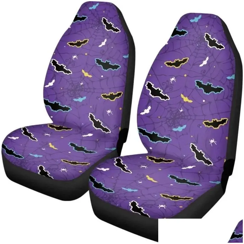 Car Seat Covers Bats And Cobweb Purple Front For Cars Women Men Halloween Bat All Seasons Universal Protection 2 Pcs