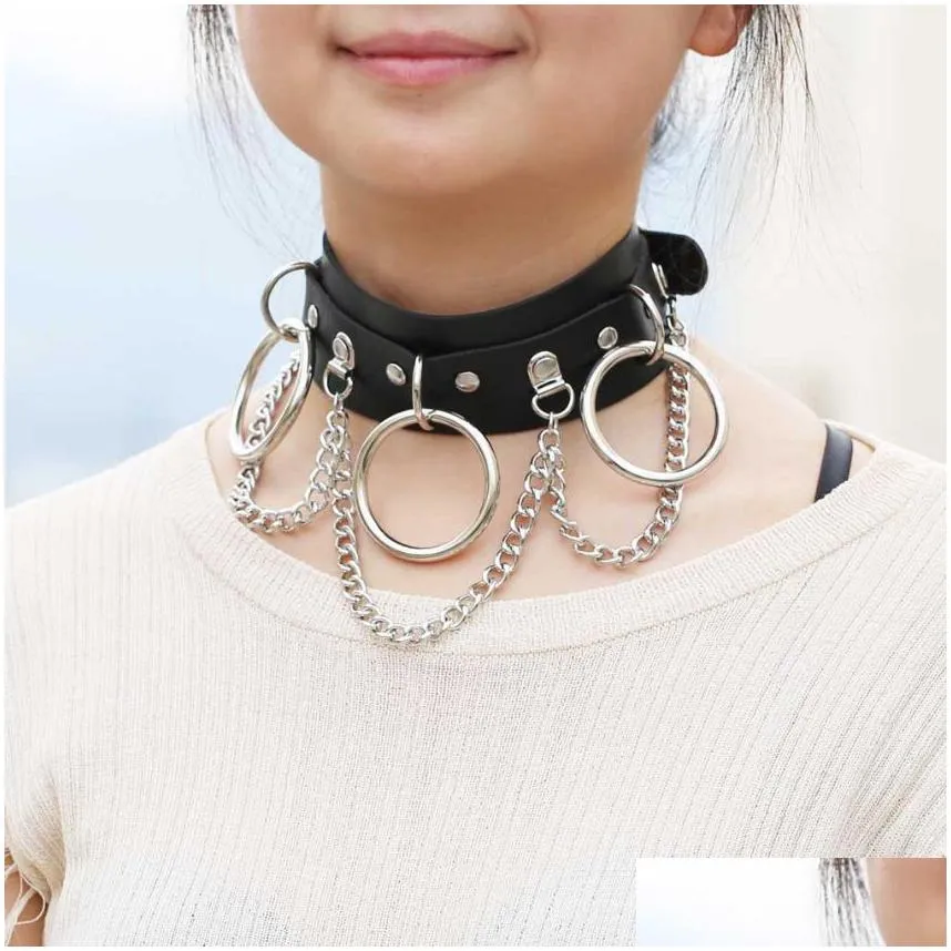 Chokers Update Y Pu Leather Collar Chokers Adjustable Exotic Nightclub O-Ring Chain Choker Necklace Neck Ring For Women Fashion Jewelr Dhp3N