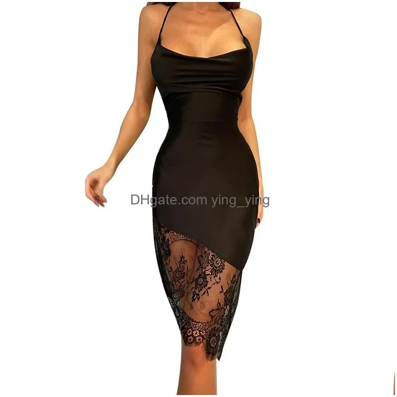 sleeveless halter perspective lace elegant dress sexy backless casual women clothing party club streetwear spring
