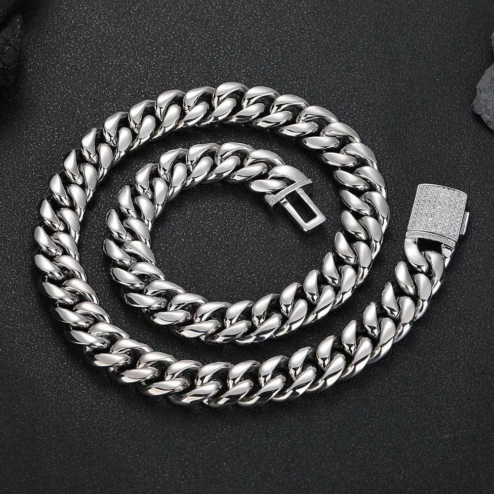 18mm Hip Hop 316L Stainless Steel  Cuban Link Chain 18K Real Gold Plated High Polished Mens Necklace Gold Flap buckle Jewelry Set