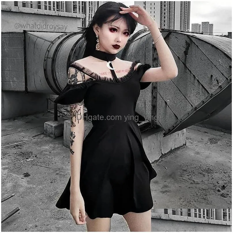 gothic black sexy women halter collar short sleeve lace slim dress goth off shoulder spaghetti straps party mini pleated dresses