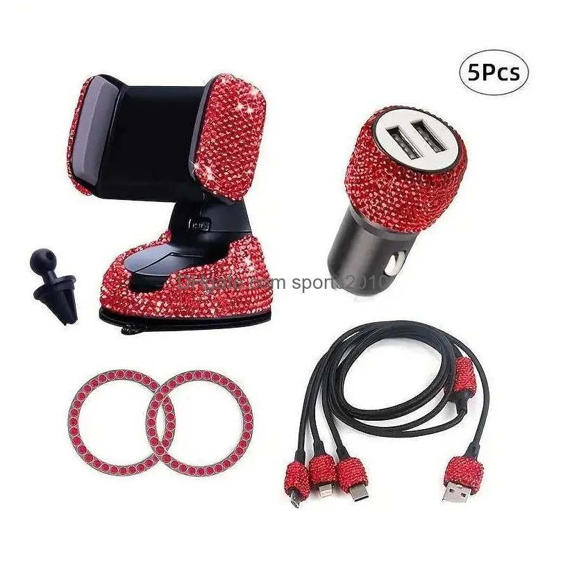 Other Interior Accessories New 5Pcs Women Accessories Set Bling Diamond Car Phone Holder  3-In-1 Charging 1Pair One-Key Start S Dh1Pg