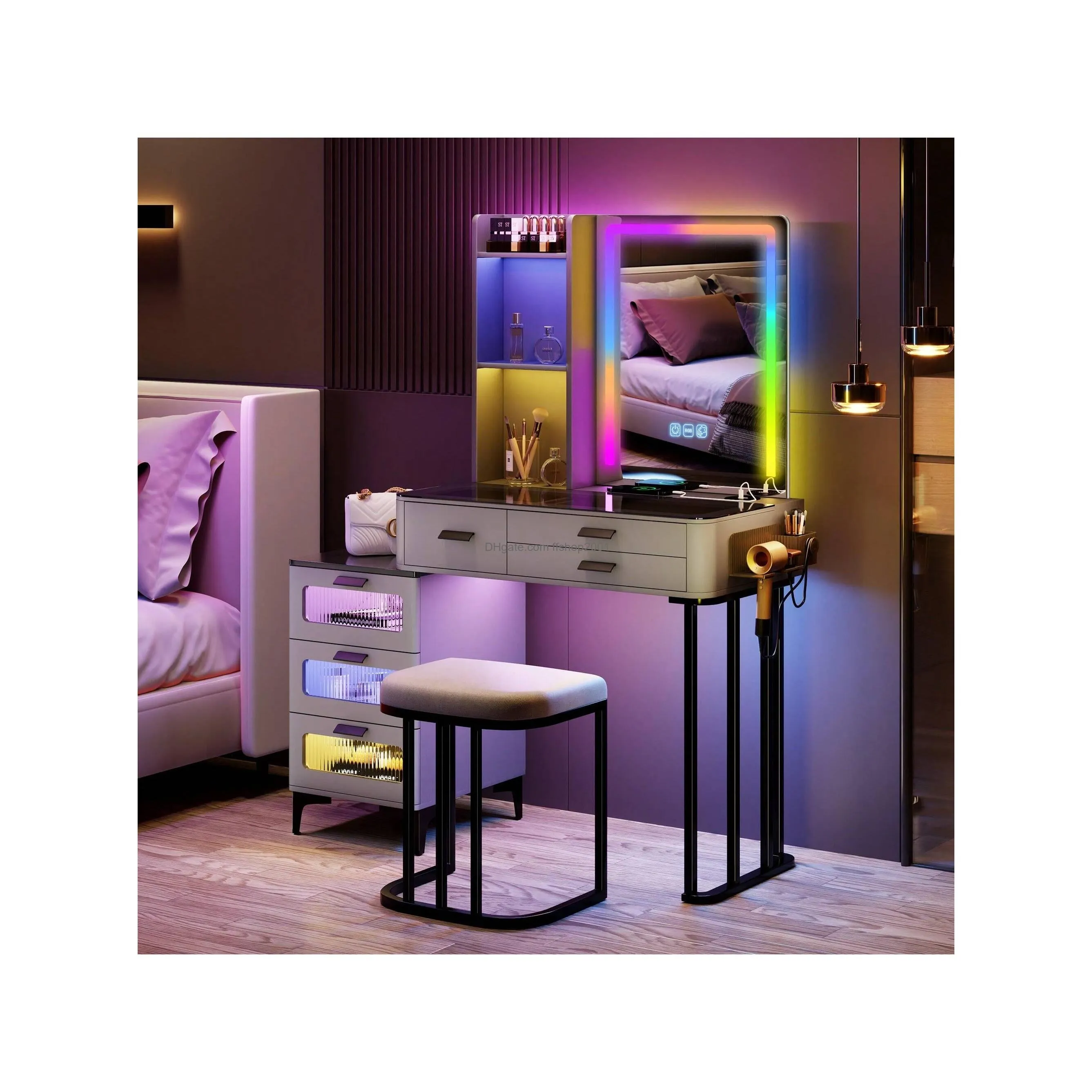kasibie rgb led light dresser set gorgeous glass top and hairdryer holder usb and wireless charging dresser has 6 drawers open storage