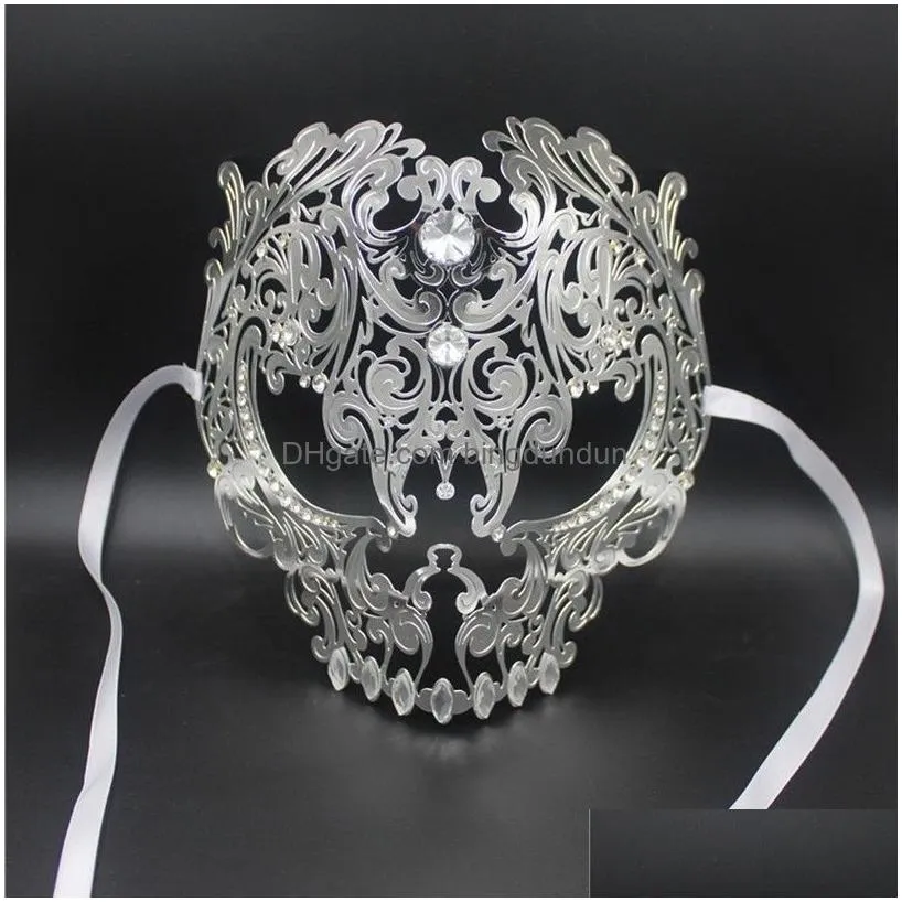 Party Masks Masks Wholesale Black Fl Face Skl Men Women Metal Laser Cut Sier Masquerade Party Gold Red Ball Rhinestone Prom Venetian D Dhyqm