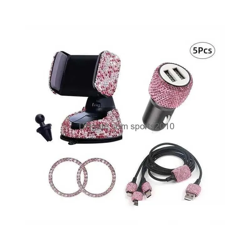 Other Interior Accessories New 5Pcs Women Accessories Set Bling Diamond Car Phone Holder  3-In-1 Charging 1Pair One-Key Start S Dh1Pg