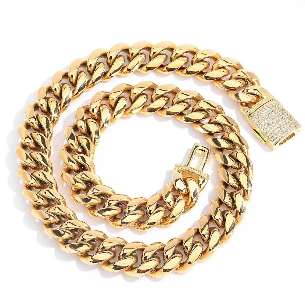 18mm Hip Hop 316L Stainless Steel  Cuban Link Chain 18K Real Gold Plated High Polished Mens Necklace Gold Flap buckle Jewelry Set