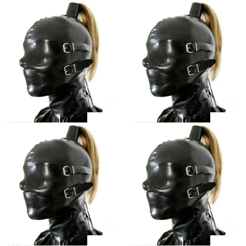 sexy black latex hood rubber mask with eyes and mouth cover latex mask back bandage pullthrough ponytail hole without hair7051621