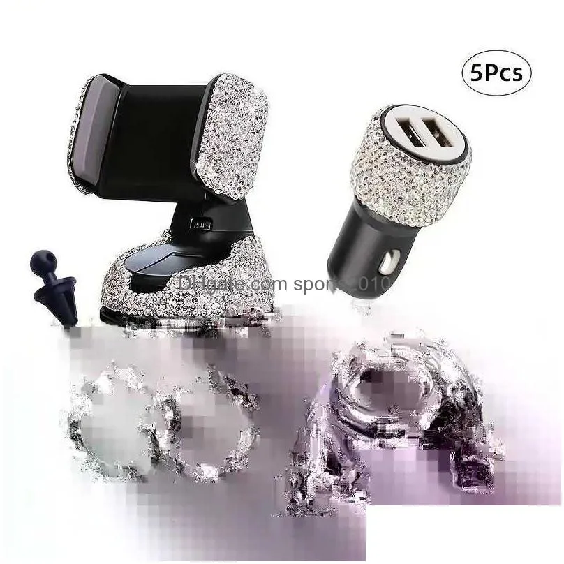 Other Interior Accessories New 5Pcs Women Accessories Set Bling Diamond Car Phone Holder  3-In-1 Charging 1Pair One-Key Start S Dh1Pg