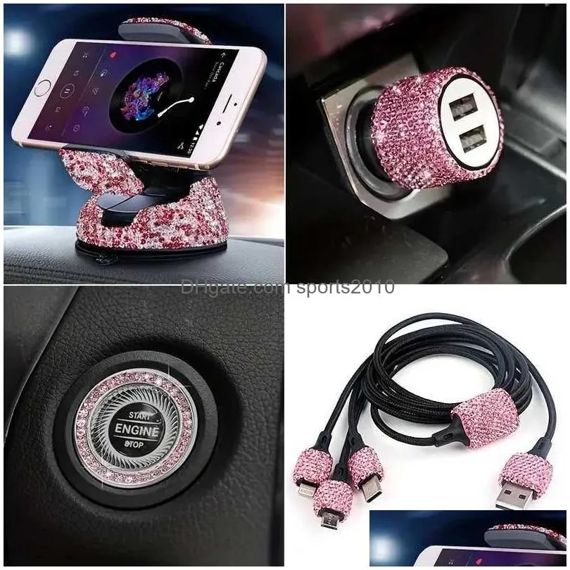Other Interior Accessories New 5Pcs Women Accessories Set Bling Diamond Car Phone Holder  3-In-1 Charging 1Pair One-Key Start S Dh1Pg