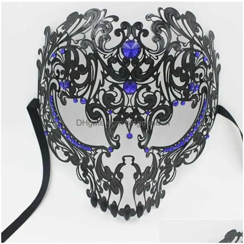 Party Masks Masks Wholesale Black Fl Face Skl Men Women Metal Laser Cut Sier Masquerade Party Gold Red Ball Rhinestone Prom Venetian D Dhyqm