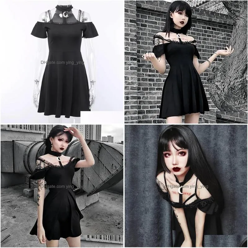 gothic black sexy women halter collar short sleeve lace slim dress goth off shoulder spaghetti straps party mini pleated dresses