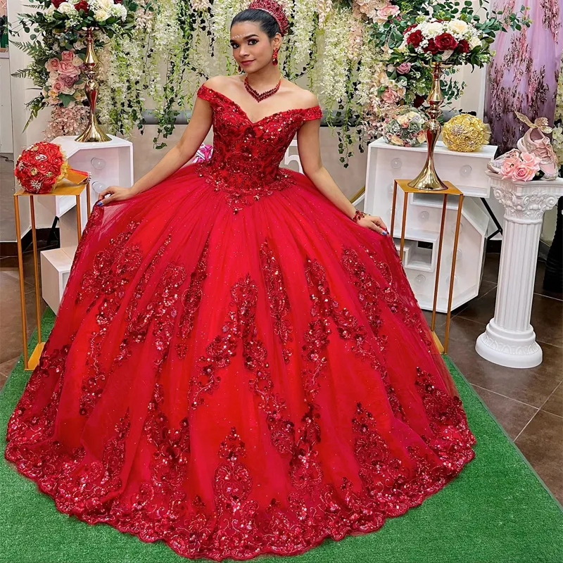 Gorgeous Red Quinceanera Dresses for 15 Year 2024 Ball Gown Sexy V Neck Off the Shoulder Applique Lace Long Party Dress for Girl