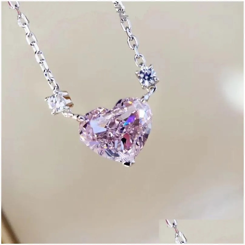 Pendant Necklaces Heart Cut 3Ct Pink Diamond Pendant 100% Real 925 Sterling Sier Wedding Pendants Necklace For Women Bridal Choker Jew Dhqvb
