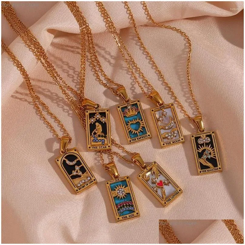 Pendant Necklaces Fashion Jewelry 18K Gold Plated Square Zodiac Sign Necklace Stainless Steel Tarot Card Women Christmas Gift Drop De Dh6Wy