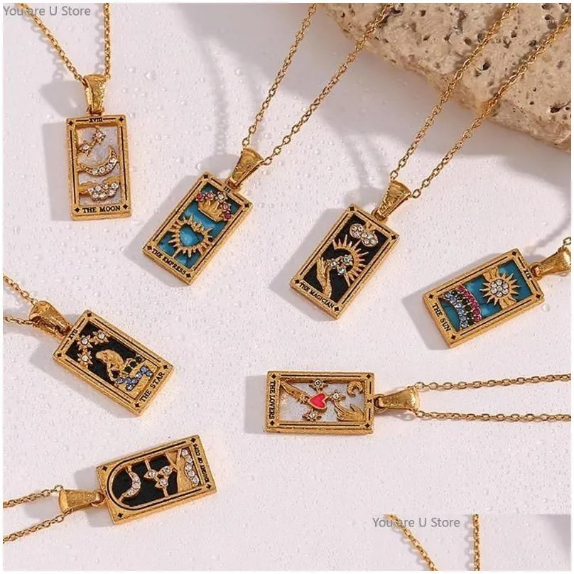 Pendant Necklaces Fashion Jewelry 18K Gold Plated Square Zodiac Sign Necklace Stainless Steel Tarot Card Women Christmas Gift Drop De Dh6Wy