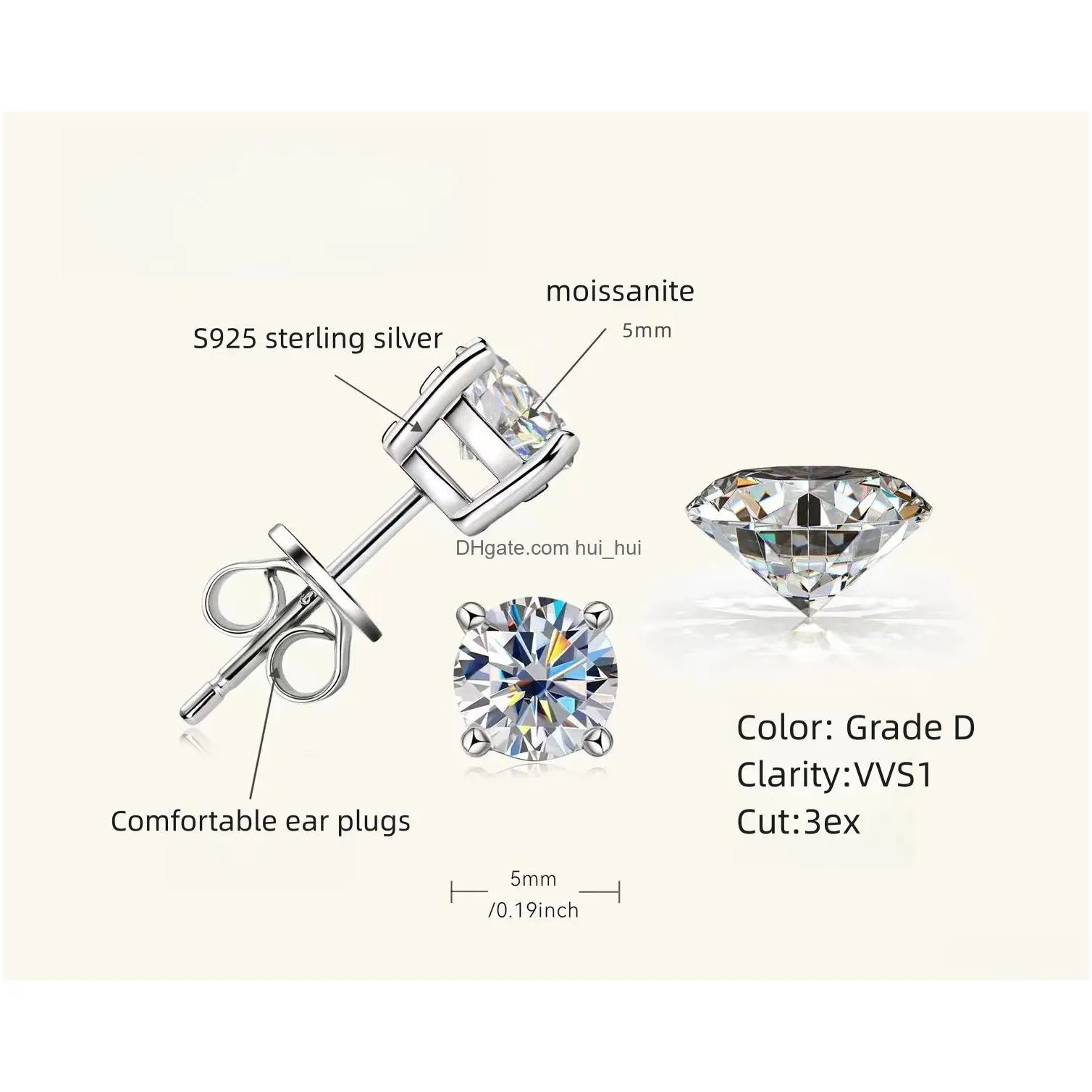 0.5-2 carat real moissanite moisanne stone earrings for ladies 925 sterling silver wedding engagement anniversary gift with jewelry box and