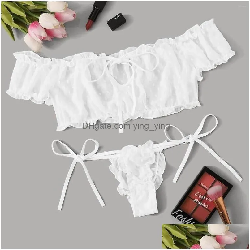 bras sets cute embroidery lace set underwear bowknot off-shouder lingerie erotic temptation pajamas appeal sissy nightwear sleepwear