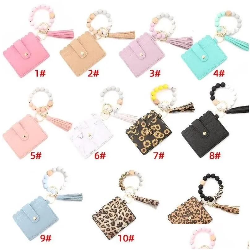 Party Favor Pu Leather Bracelet Wallet Keychain Party Favor Tassels Bangle Key Ring Holder Card Bag Sile Beaded Wristlet Keychains Fy3 Dho7J