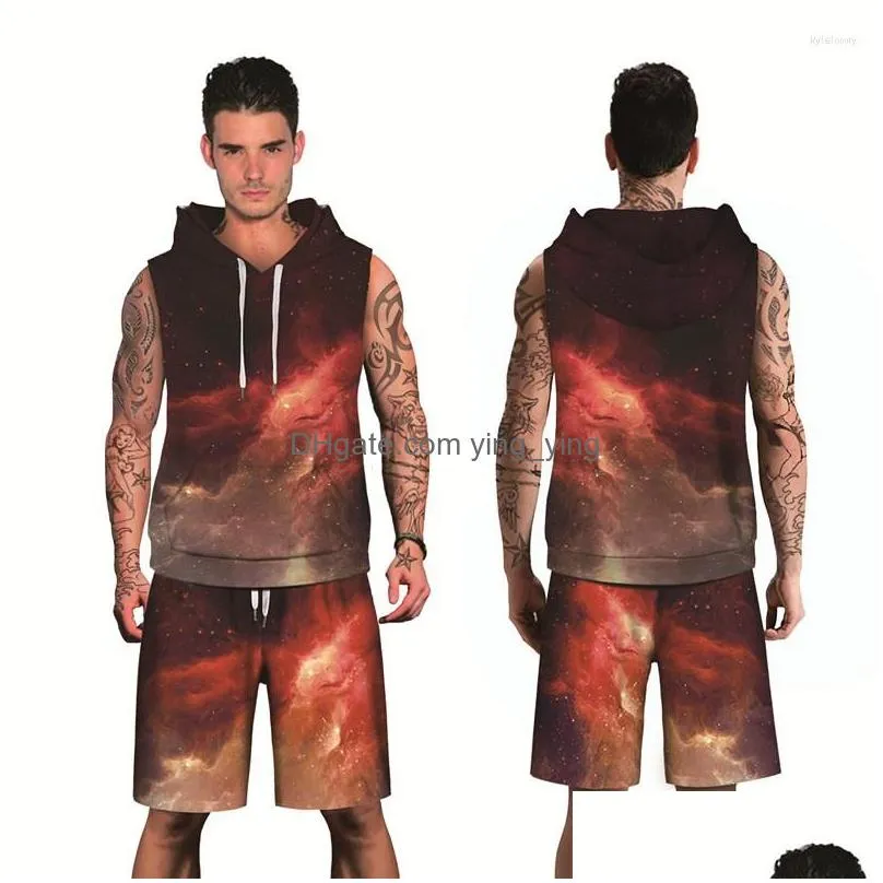 mens tracksuits 2022 autumn fashion hip hop print dark sky forest 3d breathable polyester sleeveless hoodies and knee length shorts