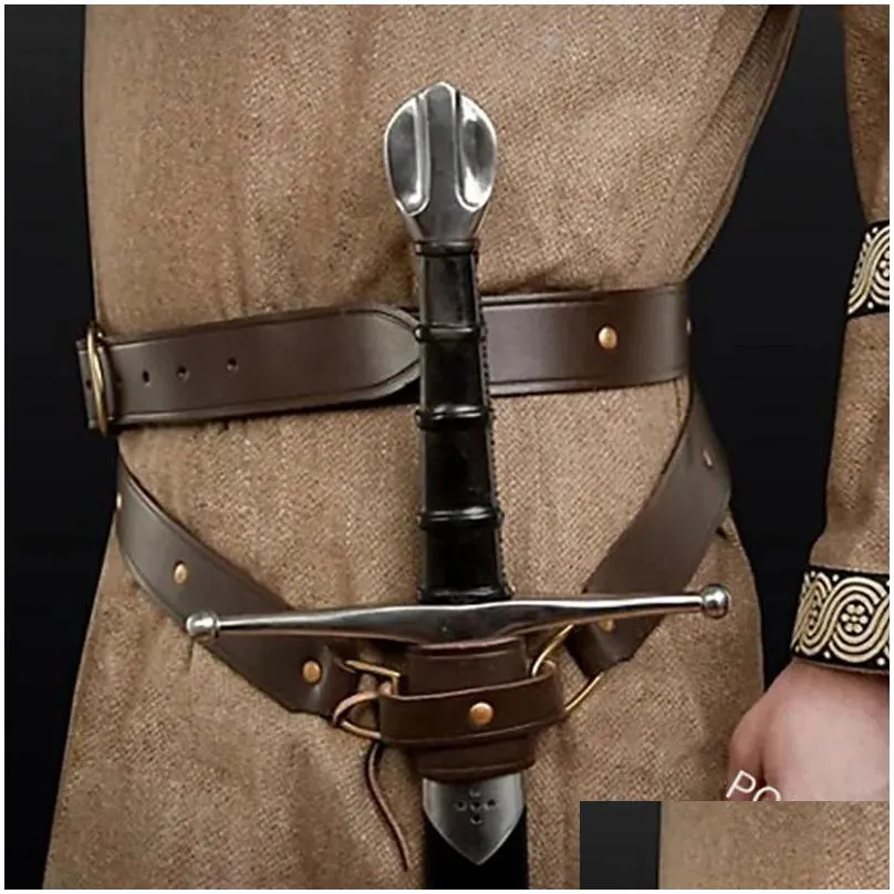 Party Masks Medieval Renaissance Sword Holder Pu Belt Waist Sheath Adt Men Larp Warrior Pirate Knight Cosplay Leather Buckle Drop Del Dhxl7