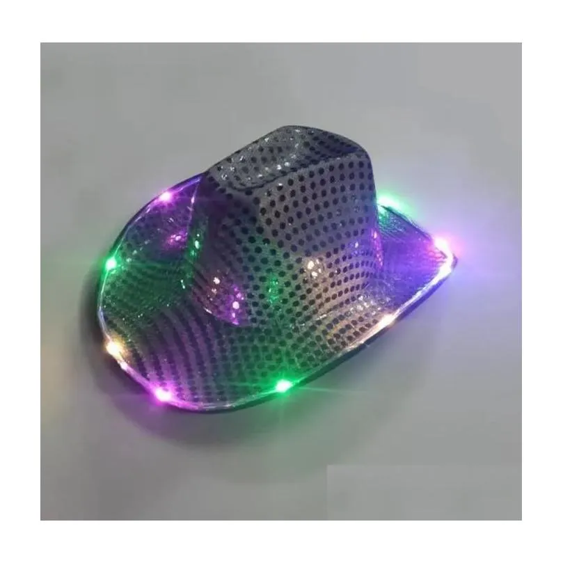 party hats space cowgirl led hat flashing light up sequin  hats luminous caps halloween costume t08