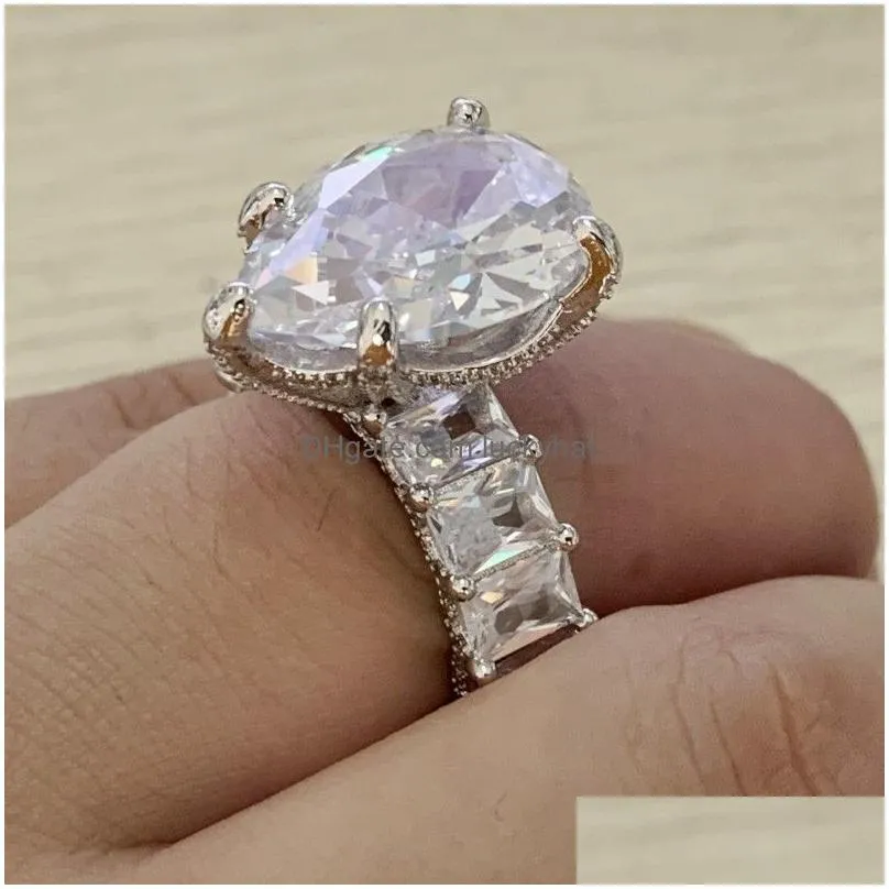 Wedding Rings 10Ct Large Diamond Ring Stunning Luxury Jewelry 925 Sterling Sier Couple Rings Water Drop Pear Cut Topaz Women Wedding Dhlnr
