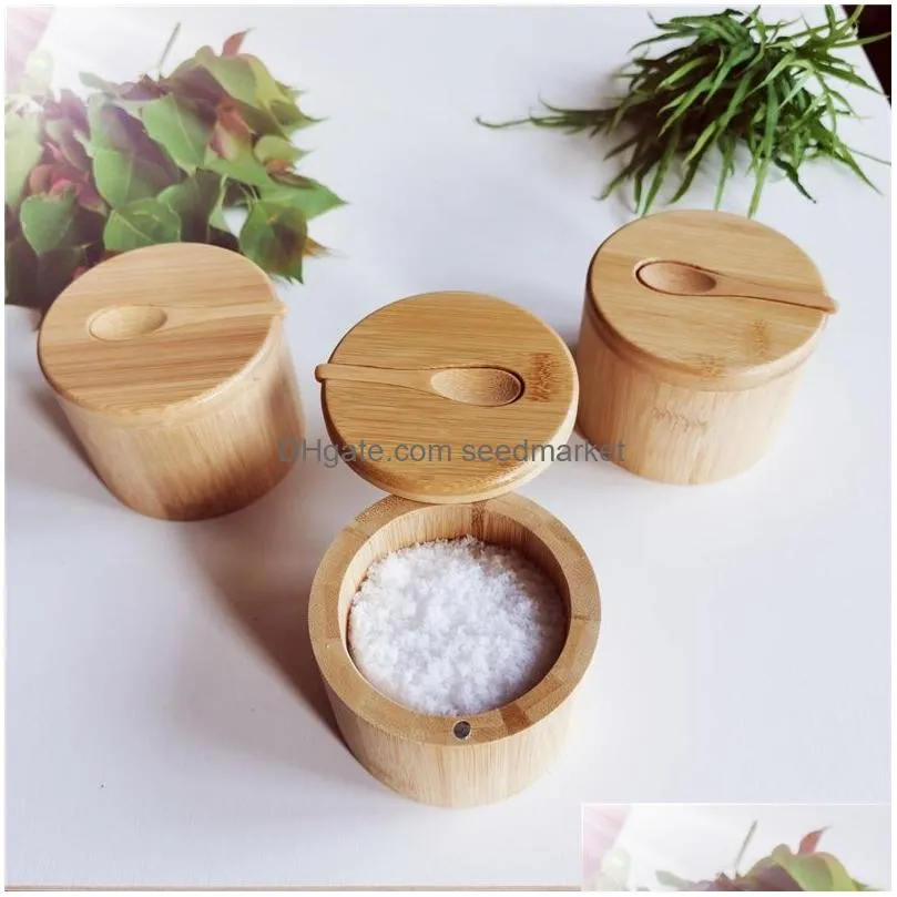 bamboo salt container spoon seasoning jar with swivel magnetic closure lid to keep dry to storage cellar holder lx6321