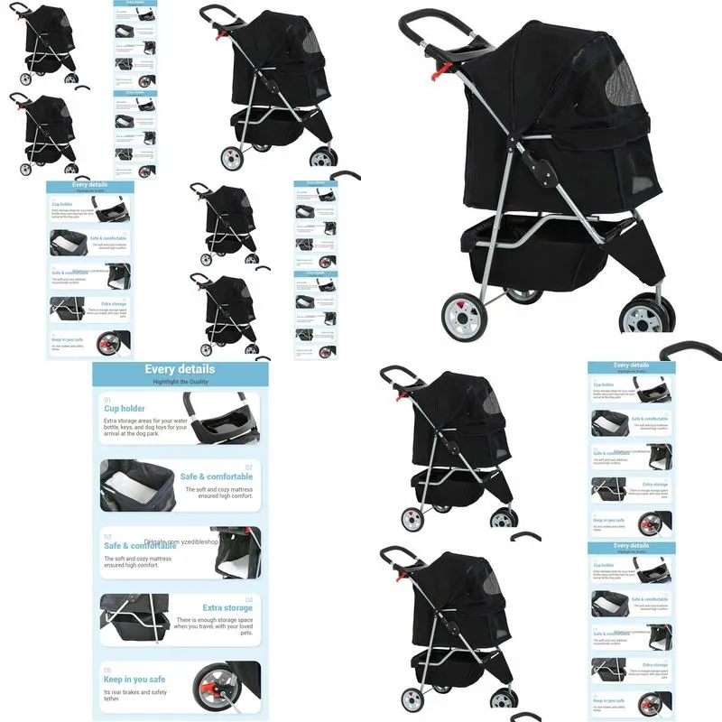 outdoors black pet stroller cat dog cage 3 wheels stroller travel folding carrier