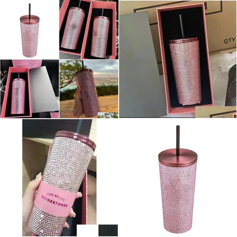tumblers 2023 straw water bottle luxury black pink coffee mug stainless steel tumbler with lid diamond thermos cup drinkware 231013
