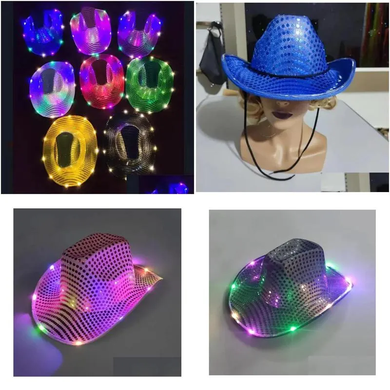 party hats space cowgirl led hat flashing light up sequin  hats luminous caps halloween costume t08