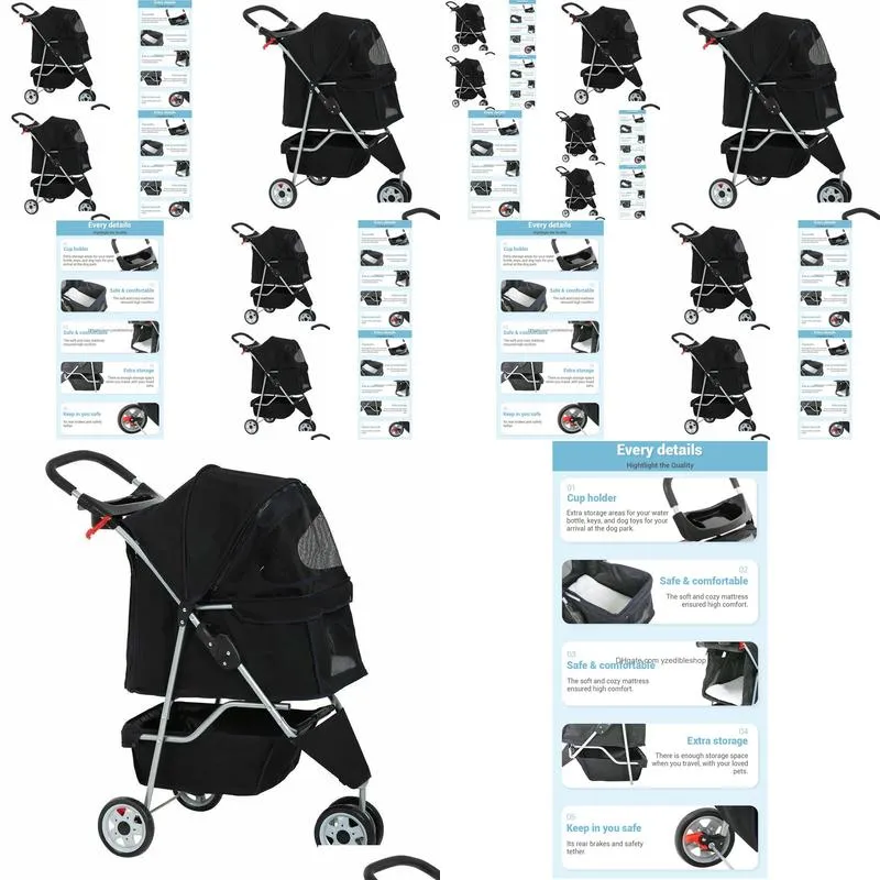 outdoors black pet stroller cat dog cage 3 wheels stroller travel folding carrier