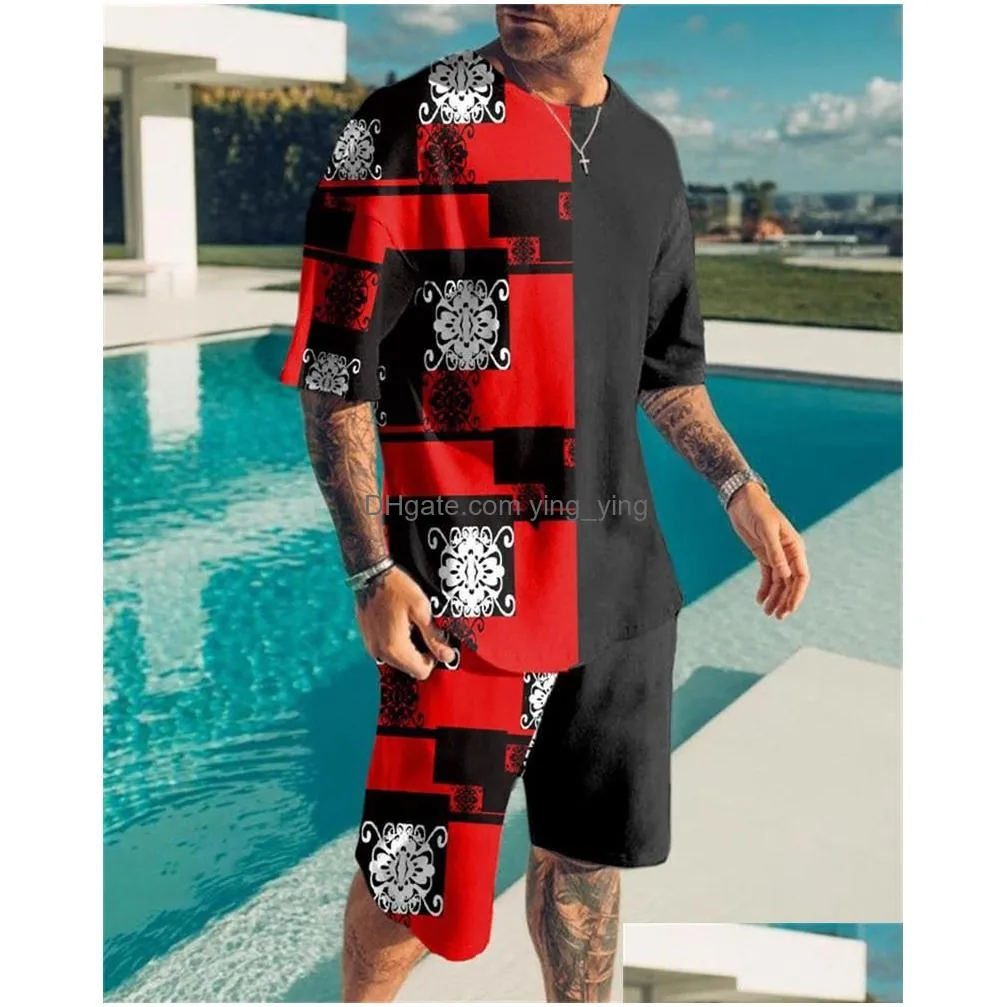 mens tracksuits summer mens t-shirt shorts 3d printed stitching oversized men clothes outfits o-neck casual tracksuit 2 piece set