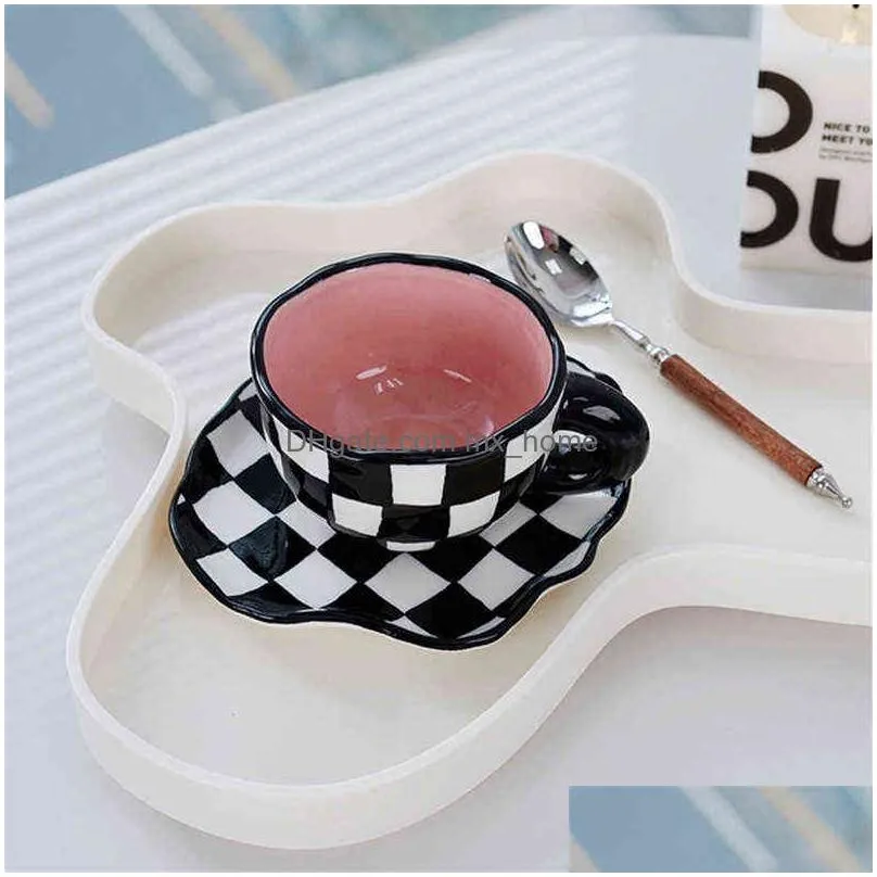 hand painted ceramic mugs personalized chessboard original design coffee cup saucer for tea milk creative gifts handle drinkware