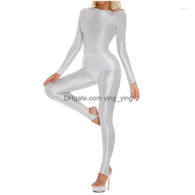 bras sets women oil glossy shiny sexy tube bodysuit sleeved elastic candy color cropped pants tights bandage satin shaper leotard