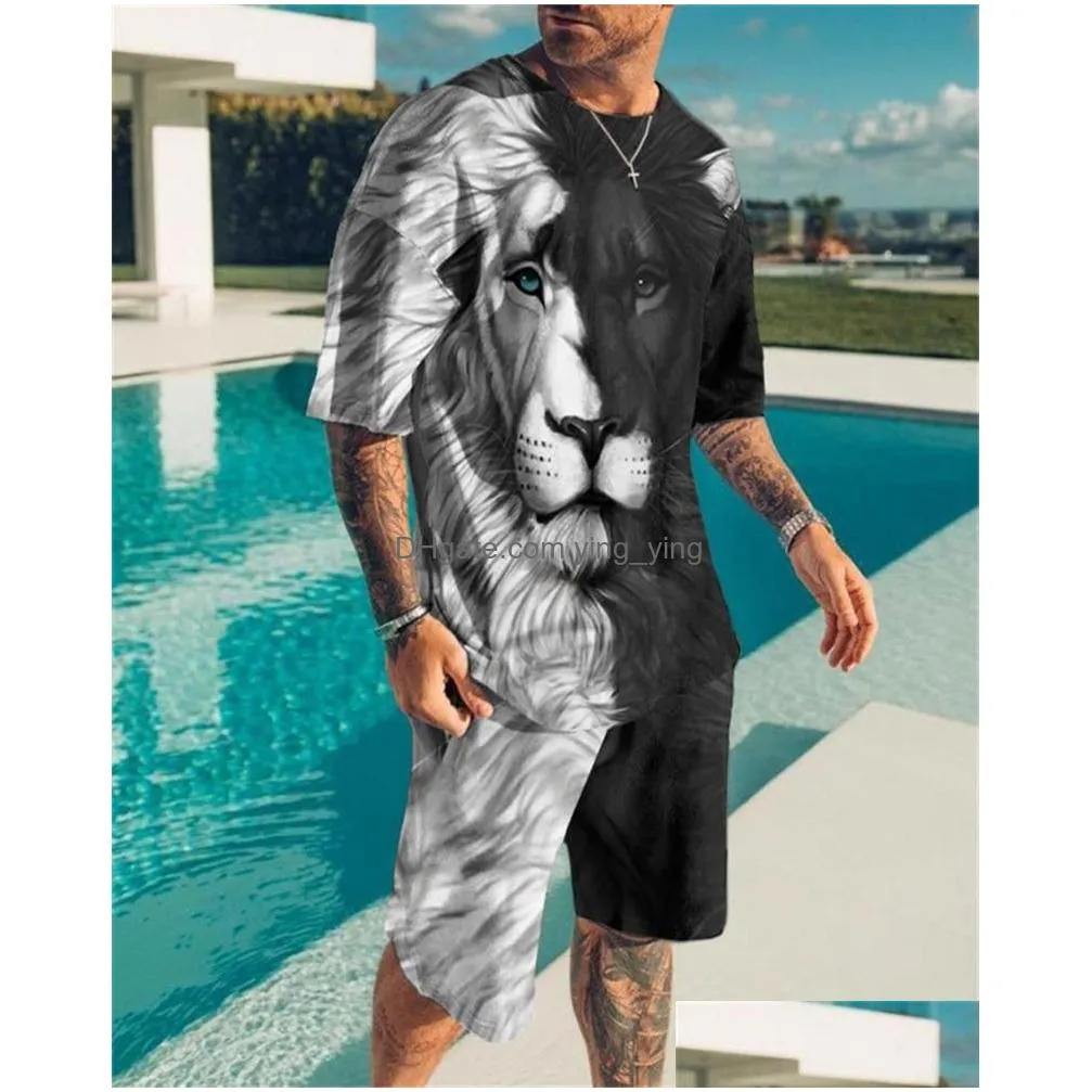 mens tracksuits 3d printed mens t shirt set outfit fashion casual shorts sports two piece o neck sportswear man clothing suitmens