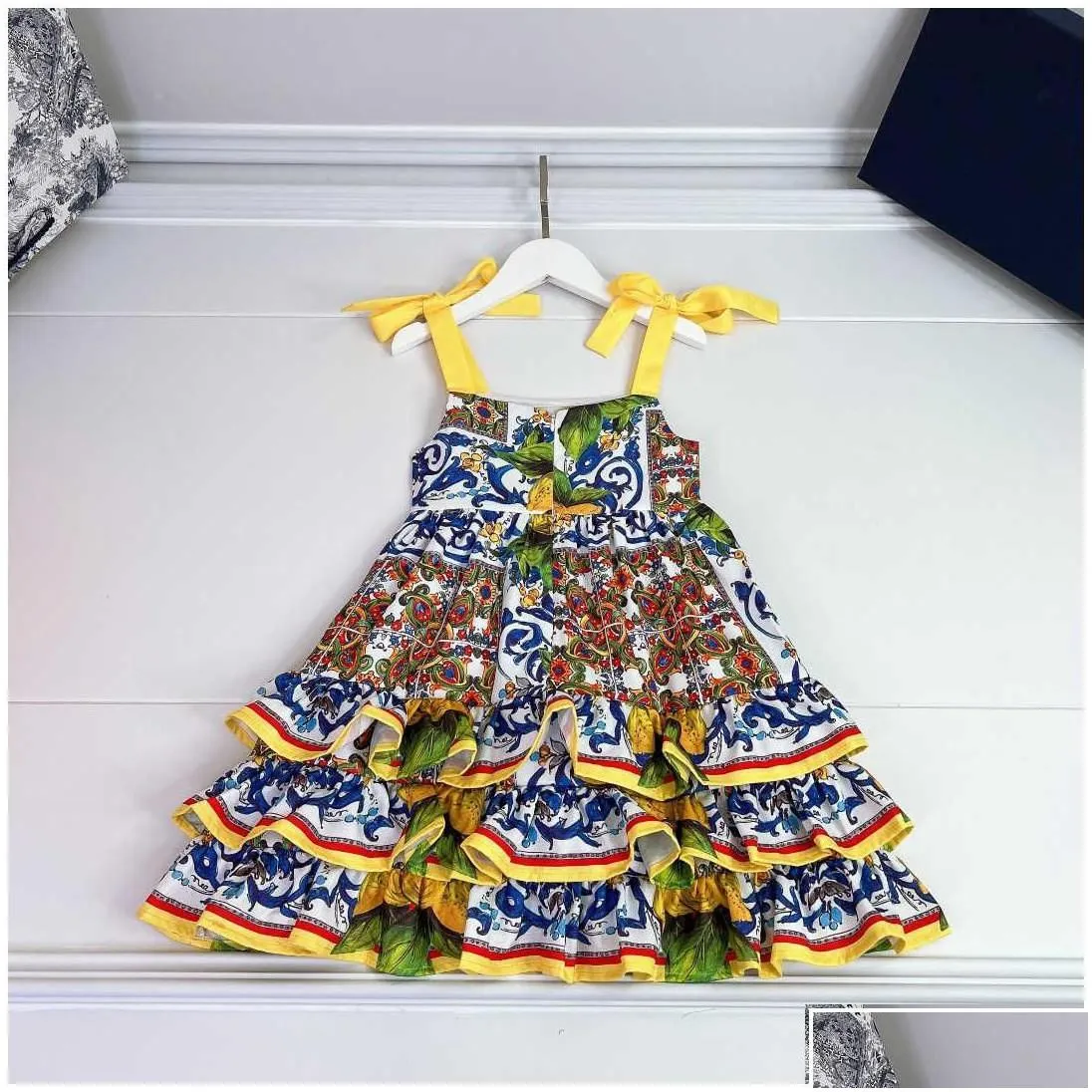 girls dresses 23ss designer brand halter dress bow binding kids print dresss neri pure cotton skirts skirt baby clothes a1 drop delive