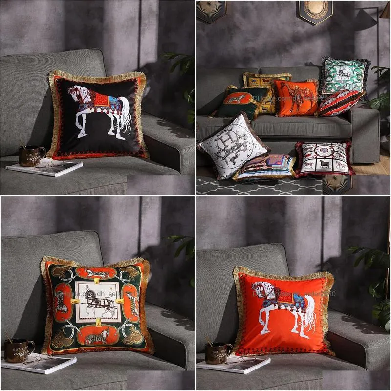 Cushion/Decorative Pillow Pillow New Brand European Luxury Veet Tassel Pillowcase Horse Carriage Double Sides Print Luxurious Cushion Dh5Lg