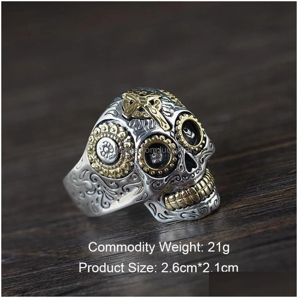 Wedding Rings Real Solid 925 Sterling Sier Sugar Skl Rings For Men Mexican Retro Gold Color Cross Sun Flower Engraved Punk Jewelry J0 Dhhmq