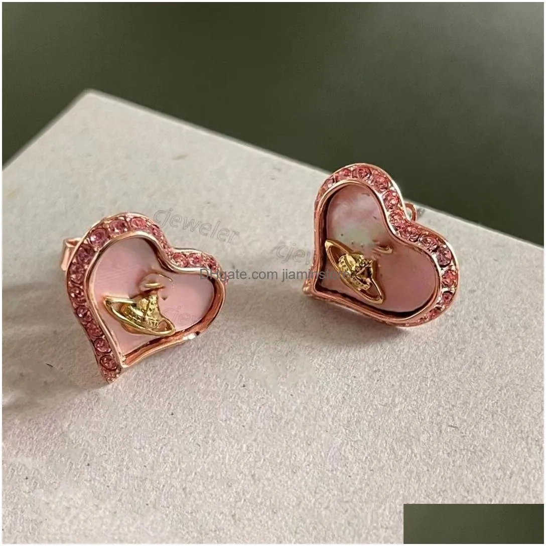 Charm 2024 Charm Studs Earrings Aretes Orecchini West Queen Vivi Pink Drop Nectarine Heart Stud 925 Sier Needle Retro Jewellery Bijou Dhrmg