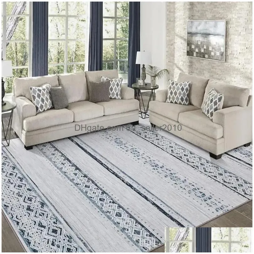 Carpets Area Rugs 9X12 Living Room Large Hine Washable Rug With Non-Slip Backing Stain Resistant Soft Carpet Blue/Ivory Drop Delivery Dhea6