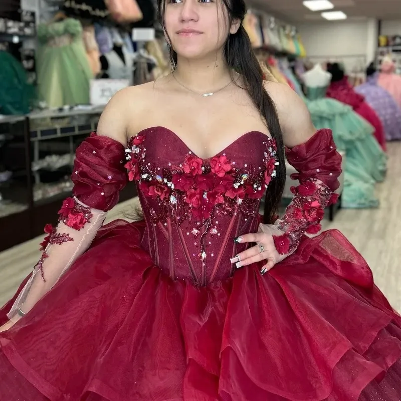 Luxury Sweetheart Burgundy Quinceanera Dress Long Sleeved 2024 Party Gown Princess Lace Appliques Beads Off The Shoulder For 16 Years