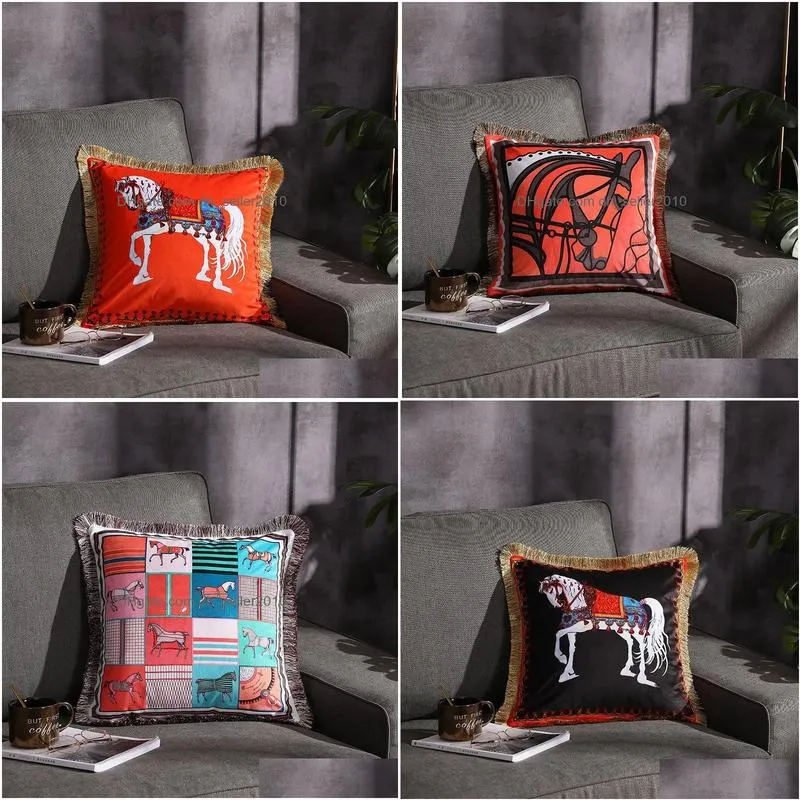 Cushion/Decorative Pillow Pillow New Brand European Luxury Veet Tassel Pillowcase Horse Carriage Double Sides Print Luxurious Cushion Dh5Lg