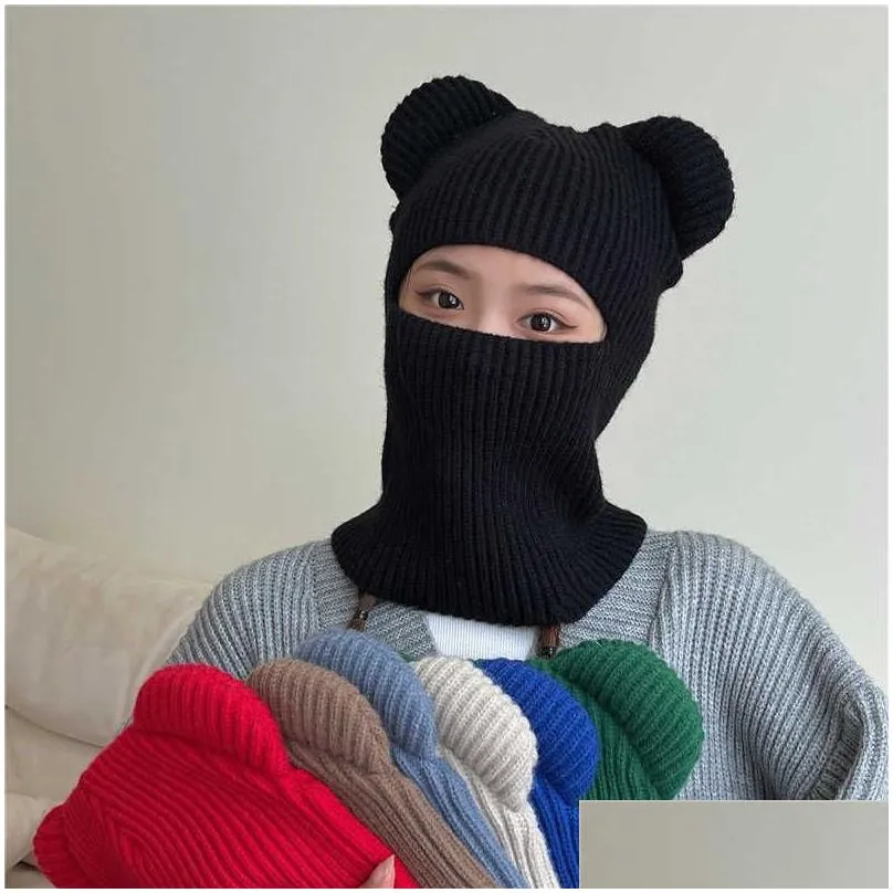 cycling caps masks funny balaclava winter cute bear ears knitted hat women warm full face cover ski mask hat men outdoor sport windproof beanies